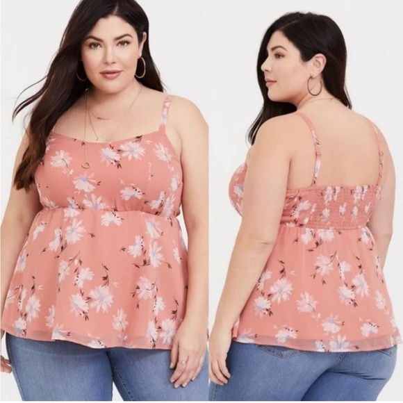 Torrid Pink Falling Daisy Floral Chiffon Baby Doll Cami Smocked Size 00 - Picture 1 of 16